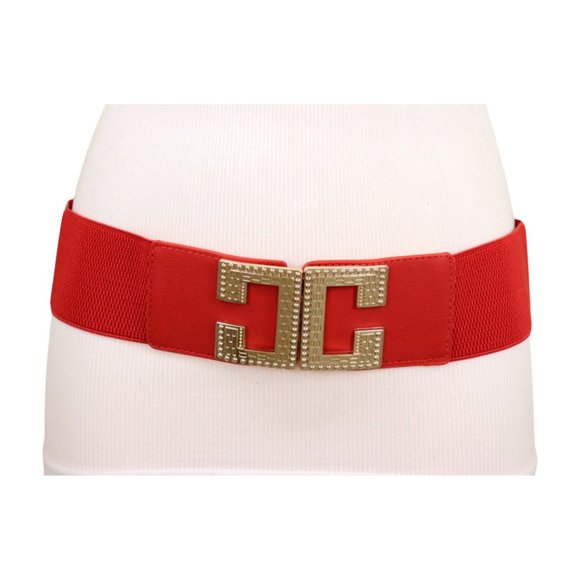 Women Red Elastic Hip High Waist Fashion Belt Big Gold Metal C Buckle Size S M - Picture 14 of 17